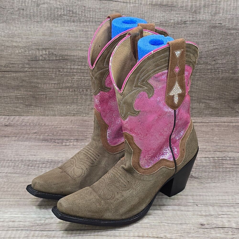 Sterling River Women's Size 9 B Brown Suede Shimmer Pink Western Cowgirl Boots - Picture 9 of 11